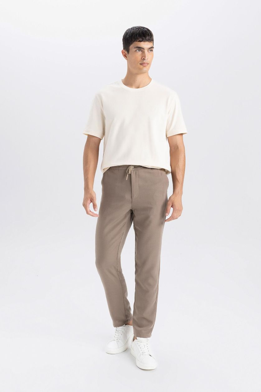 Erkek Açık Kahve Yazlık Jogger Pantolon Slim Fit Dar Kesim Beli Bağcıklı Cepli Düz Paça