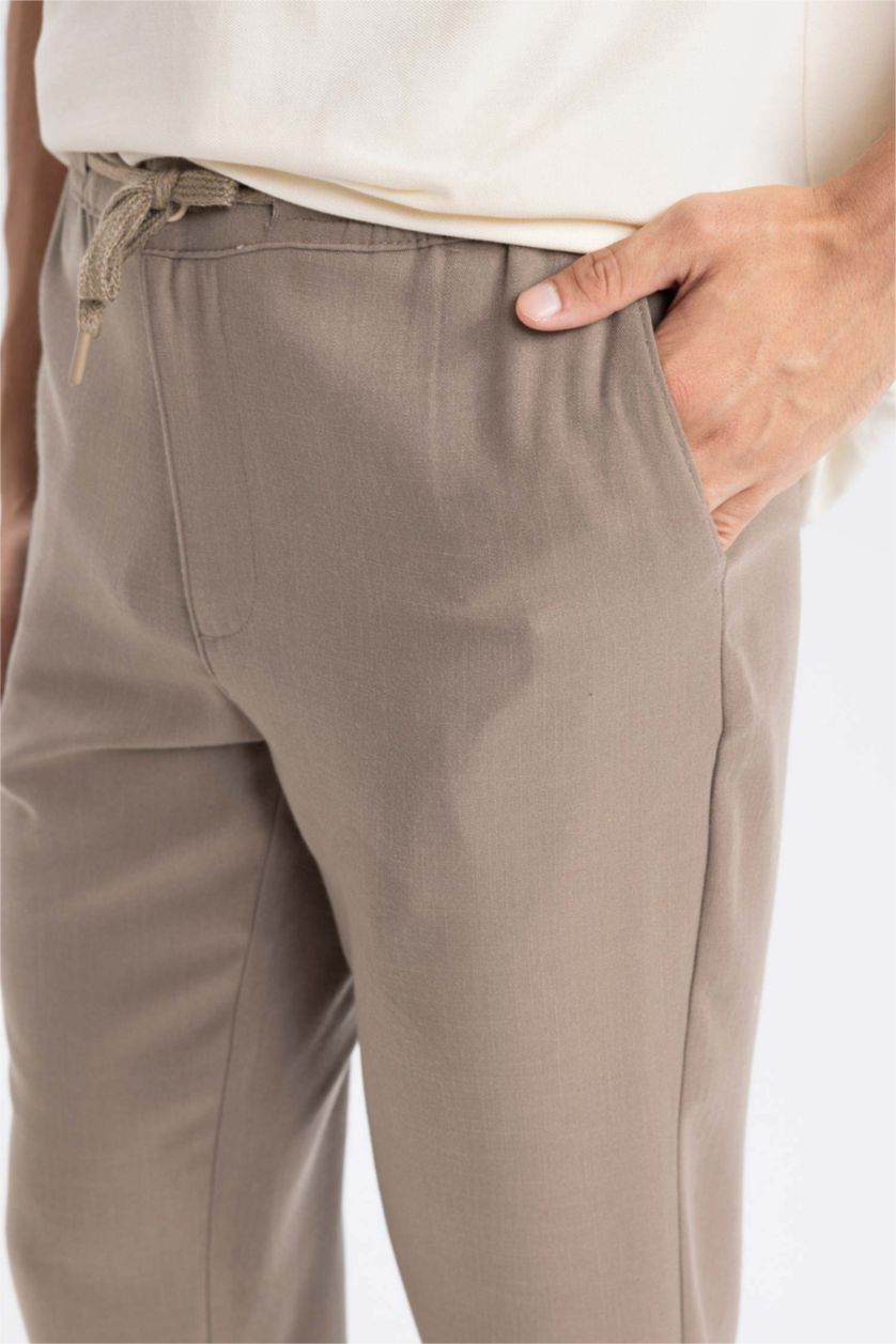 Erkek Açık Kahve Yazlık Jogger Pantolon Slim Fit Dar Kesim Beli Bağcıklı Cepli Düz Paça