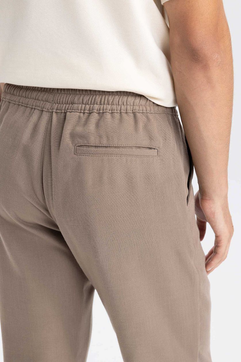 Erkek Açık Kahve Yazlık Jogger Pantolon Slim Fit Dar Kesim Beli Bağcıklı Cepli Düz Paça