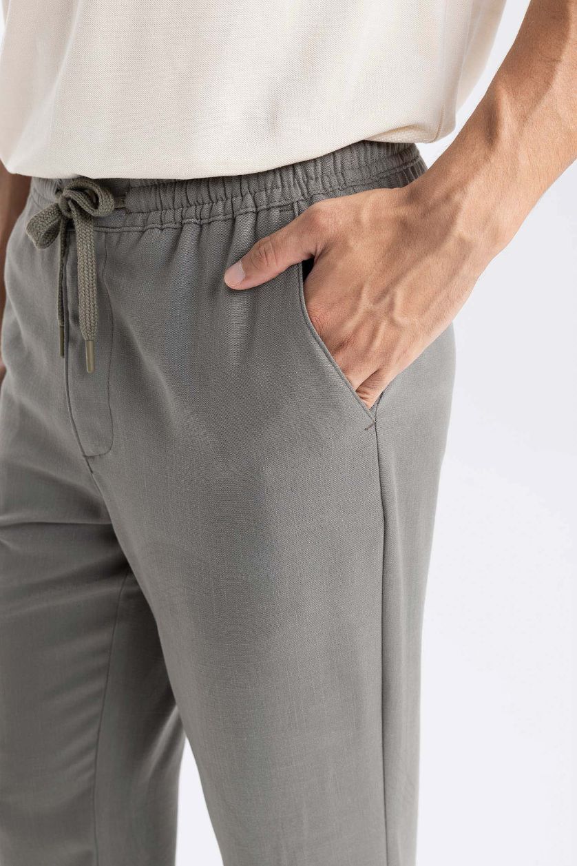 Erkek Haki Yazlık Jogger Pantolon Slim Fit Dar Kesim Beli Bağcıklı Cepli Düz Paça