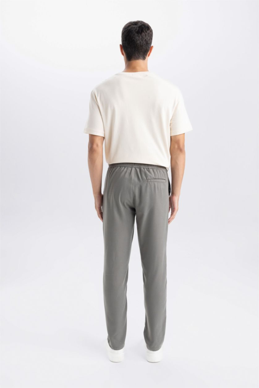 Erkek Haki Yazlık Jogger Pantolon Slim Fit Dar Kesim Beli Bağcıklı Cepli Düz Paça