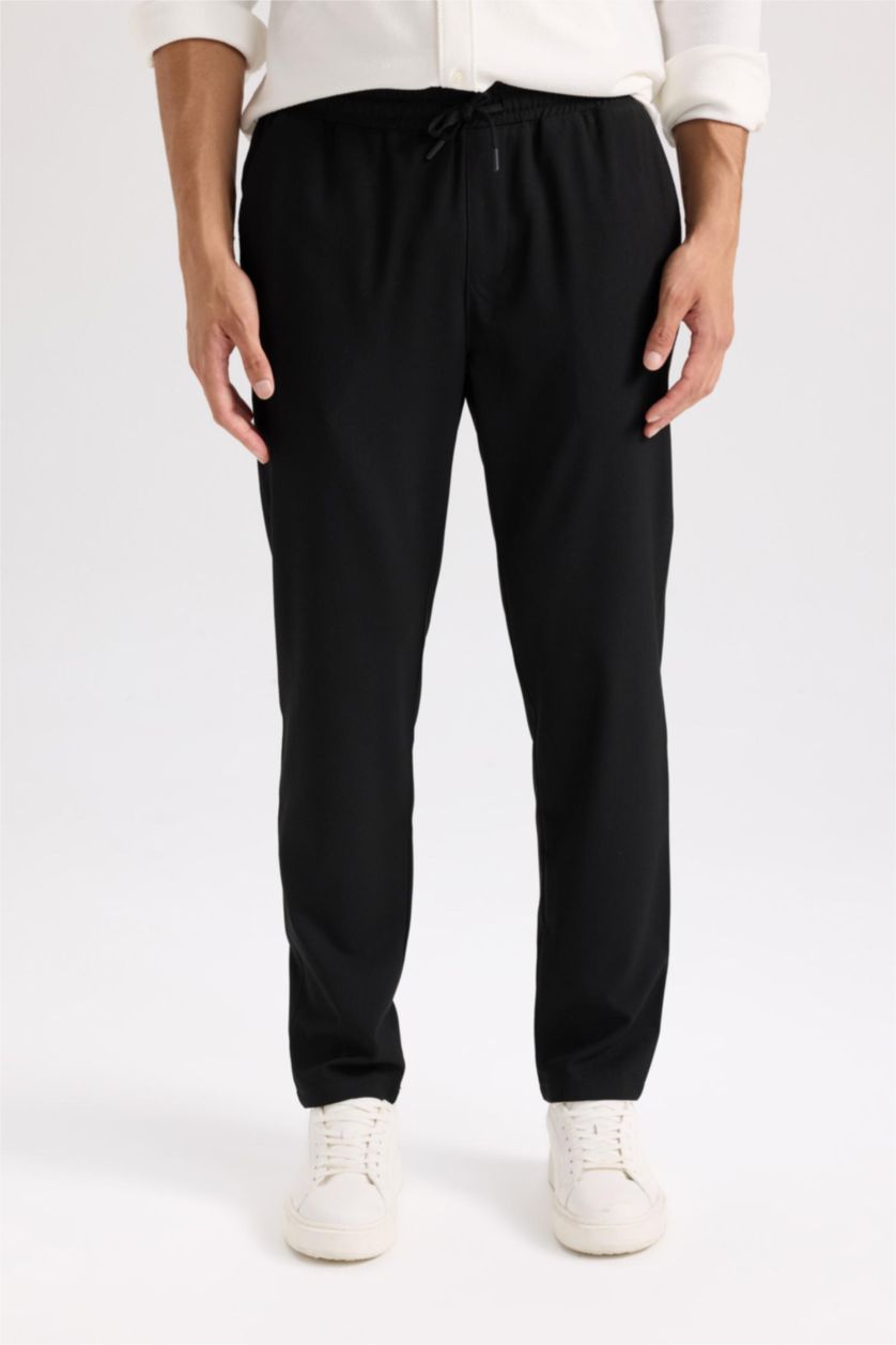 Erkek Siyah 	Basic Düz Beli Lastikli Bağcıklı Cepli Jogger Düz Paça Siyah Pantolon