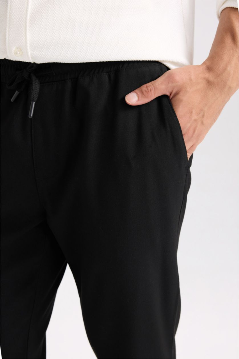 Erkek Siyah 	Basic Düz Beli Lastikli Bağcıklı Cepli Jogger Düz Paça Siyah Pantolon