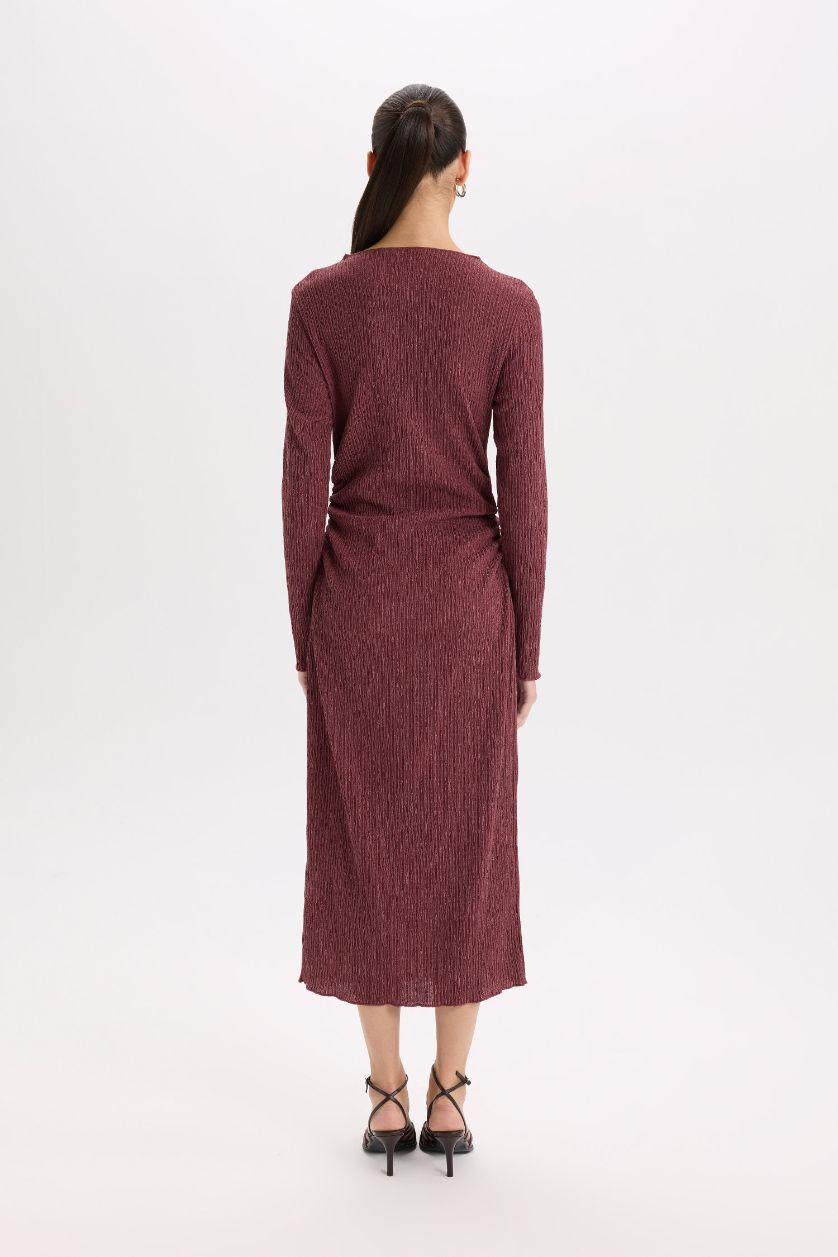 Kadın Bordo Bodycon Vücudu Saran Yarım Balıkçı Yaka Basıc Bürümcük Midi Bordo Elbise