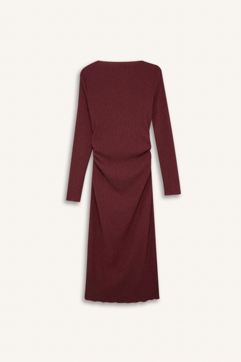 Kadın Bordo Bodycon Vücudu Saran Yarım Balıkçı Yaka Basıc Bürümcük Midi Bordo Elbise