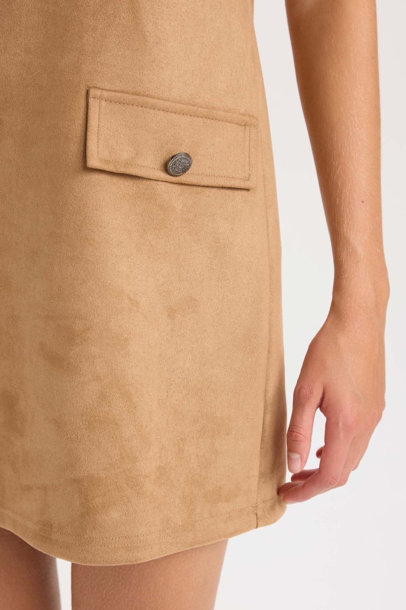 Kadın Kahve Yuvarlak Yaka Skuba Dalgıç Kumaş Kısa Kollu Mini Elbise