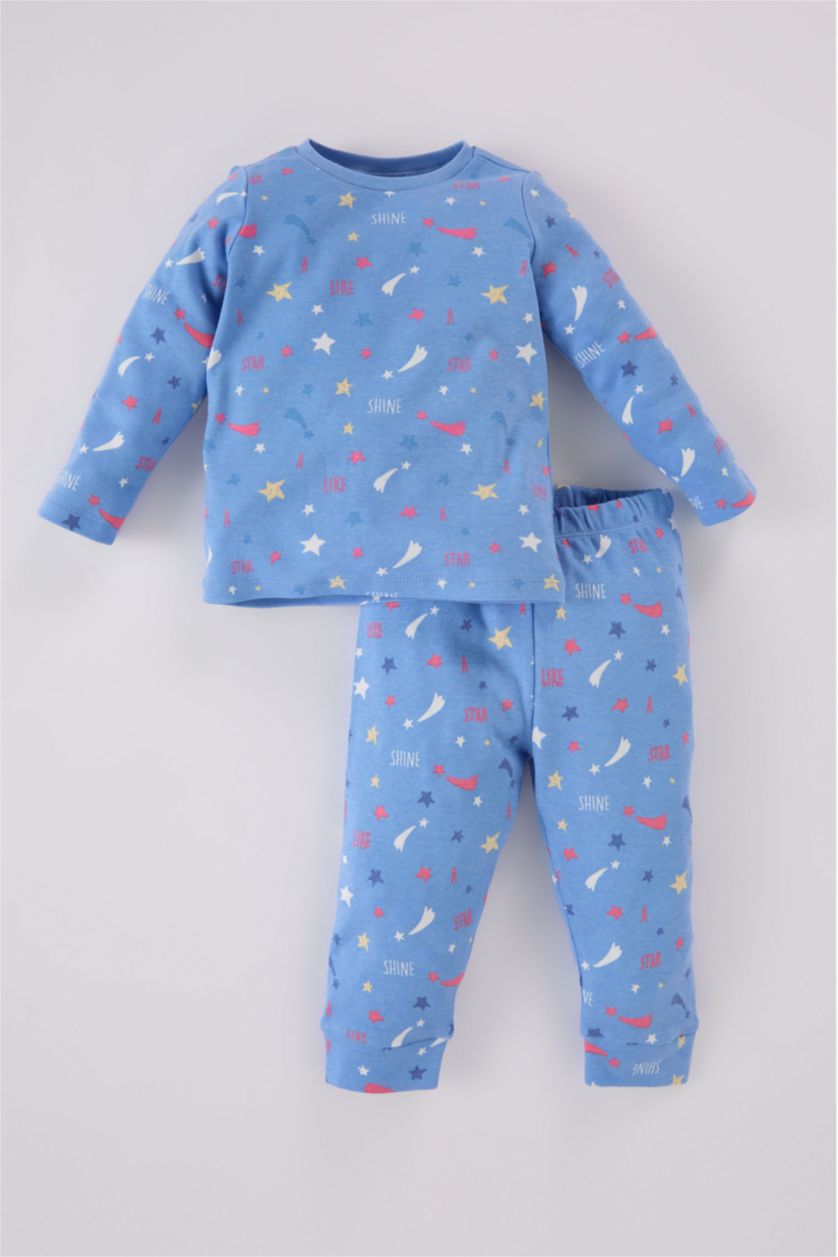 Kız Bebek Mavi Pijama Takımı Yıldız Desenli Uzun Kollu Üst Beli Lastikli Uzun Alt Kız Bebek