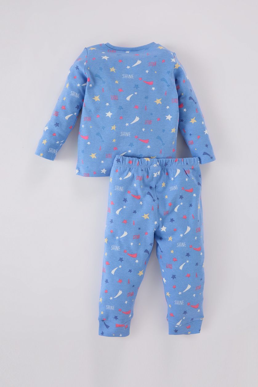 Kız Bebek Mavi Pijama Takımı Yıldız Desenli Uzun Kollu Üst Beli Lastikli Uzun Alt Kız Bebek