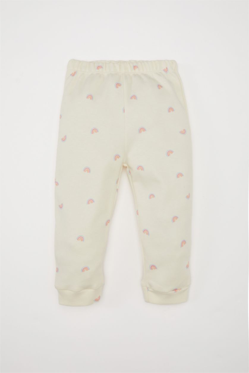 طفلة صغيرة أصفر فاتح طقم بيجاما بيبي بناتي قصة عادية وكم طويل بطبعة قوس قزح - قطعتين