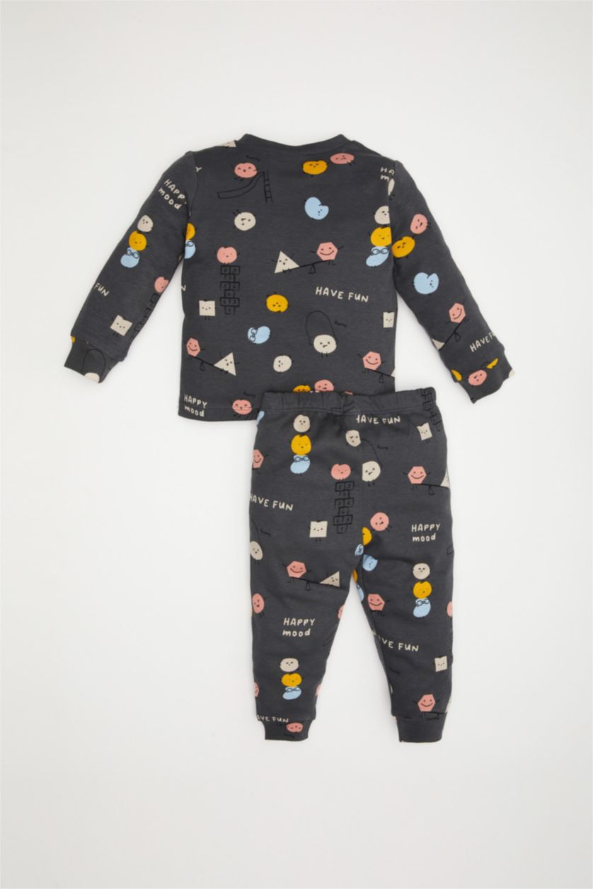 Erkek Bebek Antrasit Pijama Takım Desenli Uzun Kollu Üst Beli Lastikli Uzun Alt Erkek Bebek