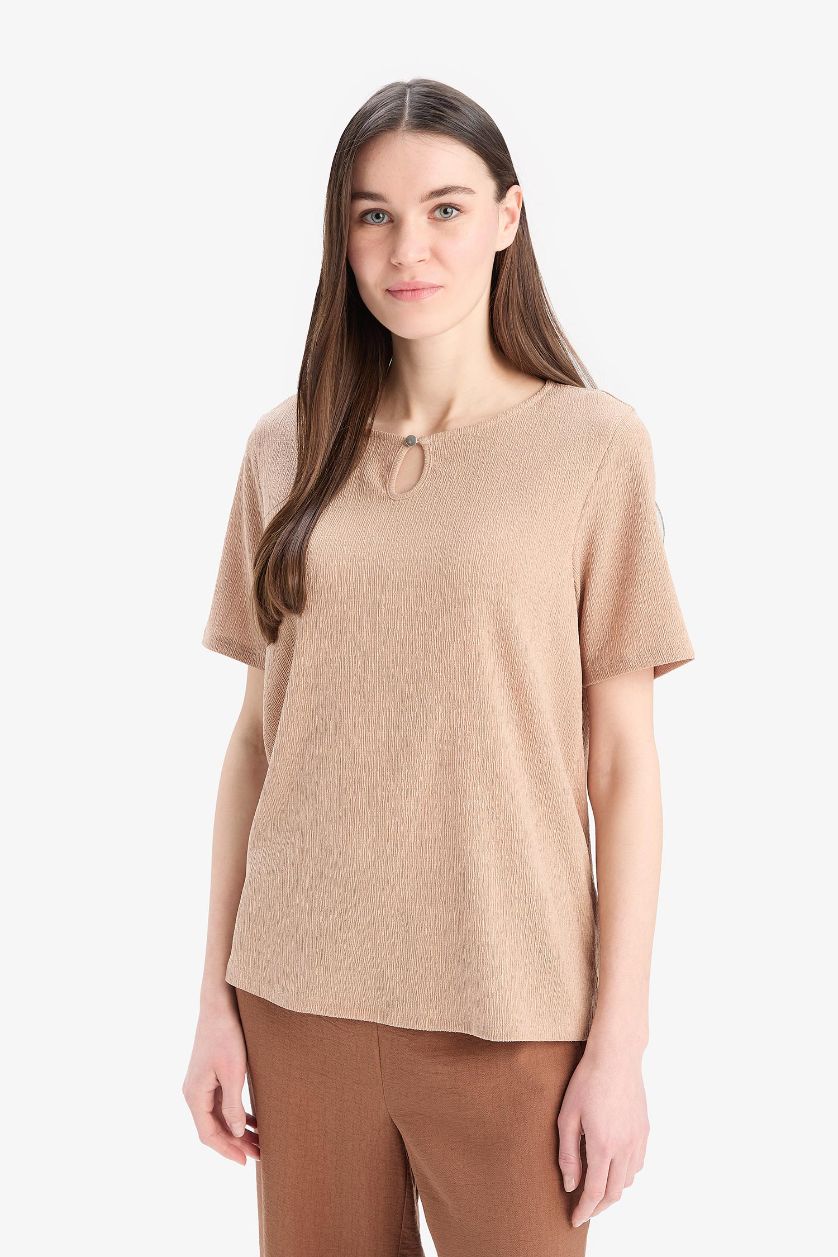 حريمي اللون الرملي تيشيرت نص كم قصة عادية برقبة مستديرة