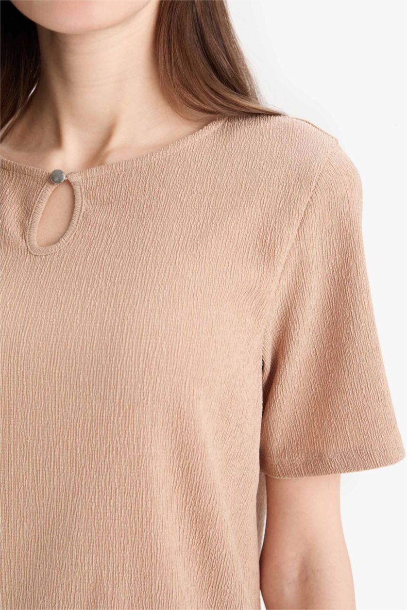 حريمي اللون الرملي تيشيرت نص كم قصة عادية برقبة مستديرة