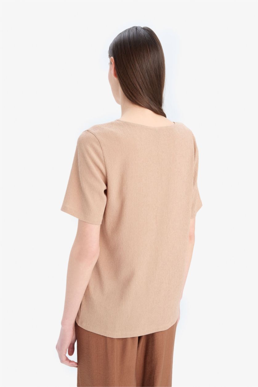 حريمي اللون الرملي تيشيرت نص كم قصة عادية برقبة مستديرة