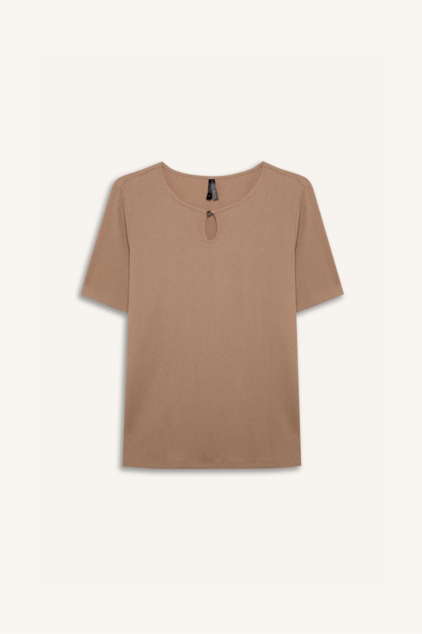 حريمي اللون الرملي تيشيرت نص كم قصة عادية برقبة مستديرة