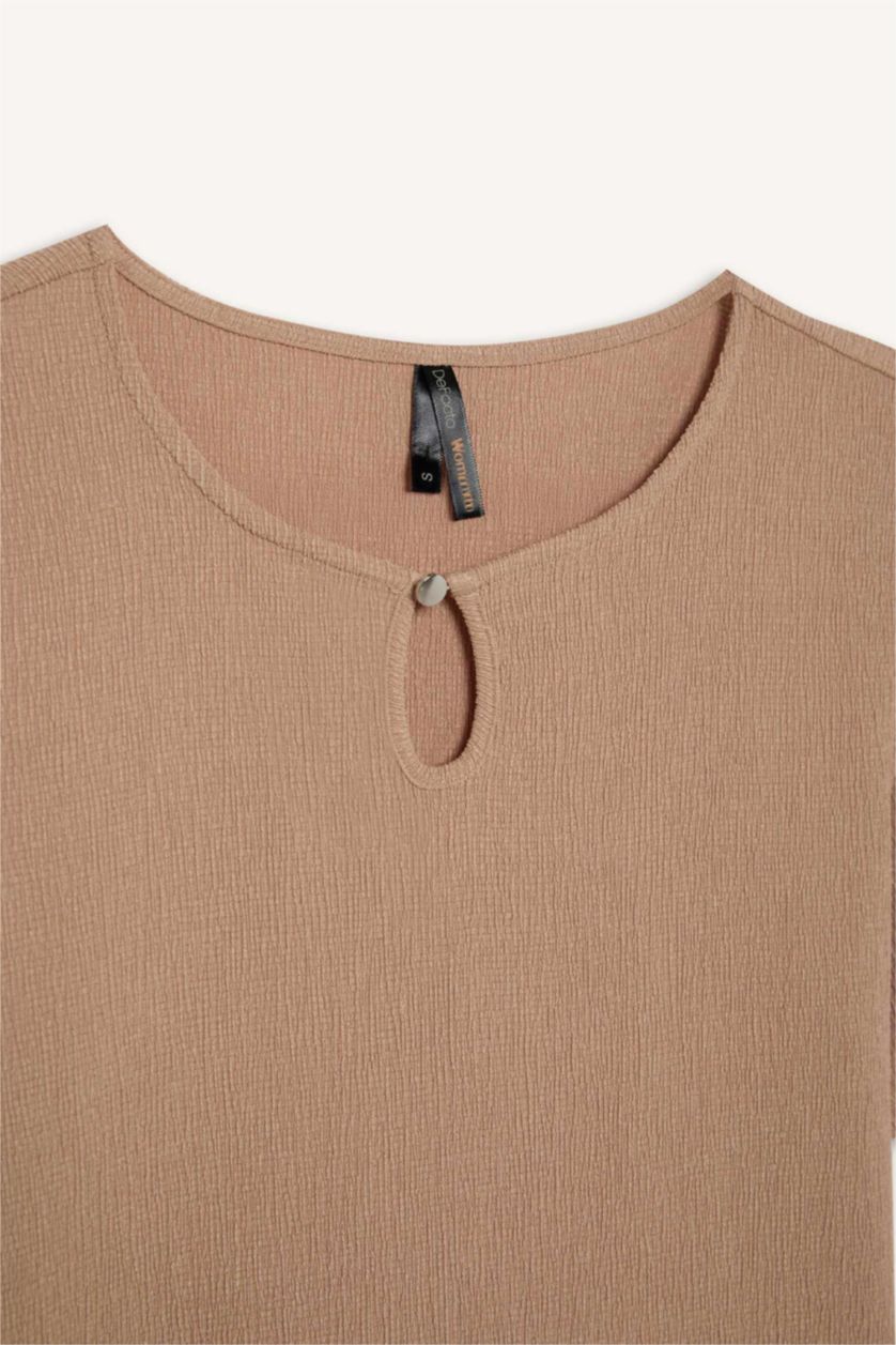 حريمي اللون الرملي تيشيرت نص كم قصة عادية برقبة مستديرة