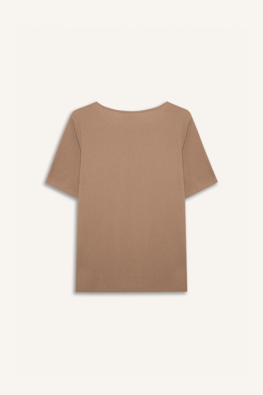 حريمي اللون الرملي تيشيرت نص كم قصة عادية برقبة مستديرة