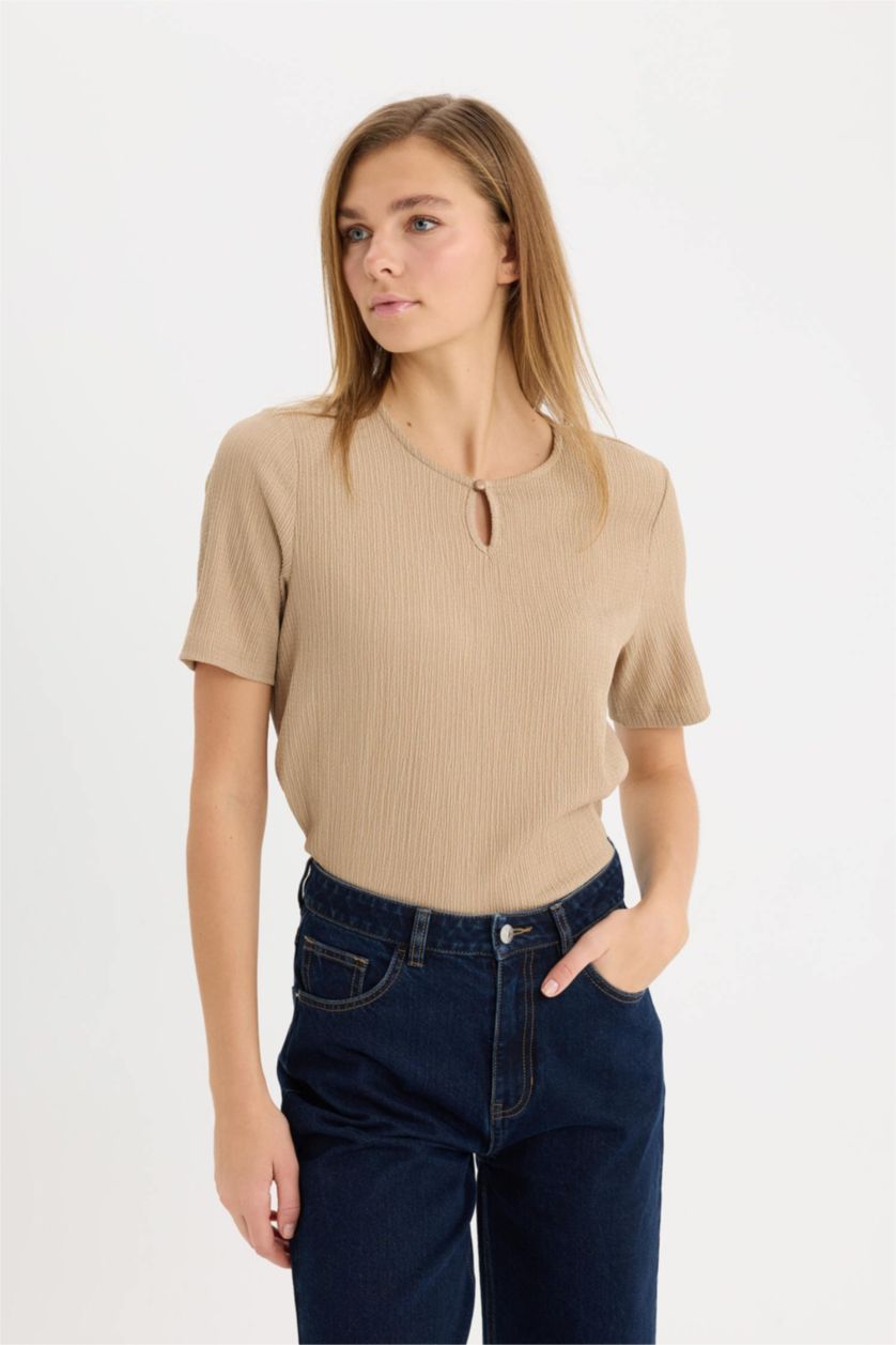 WOMAN Beige Regular Fit Round Neck Basic Crepe T-Shirt