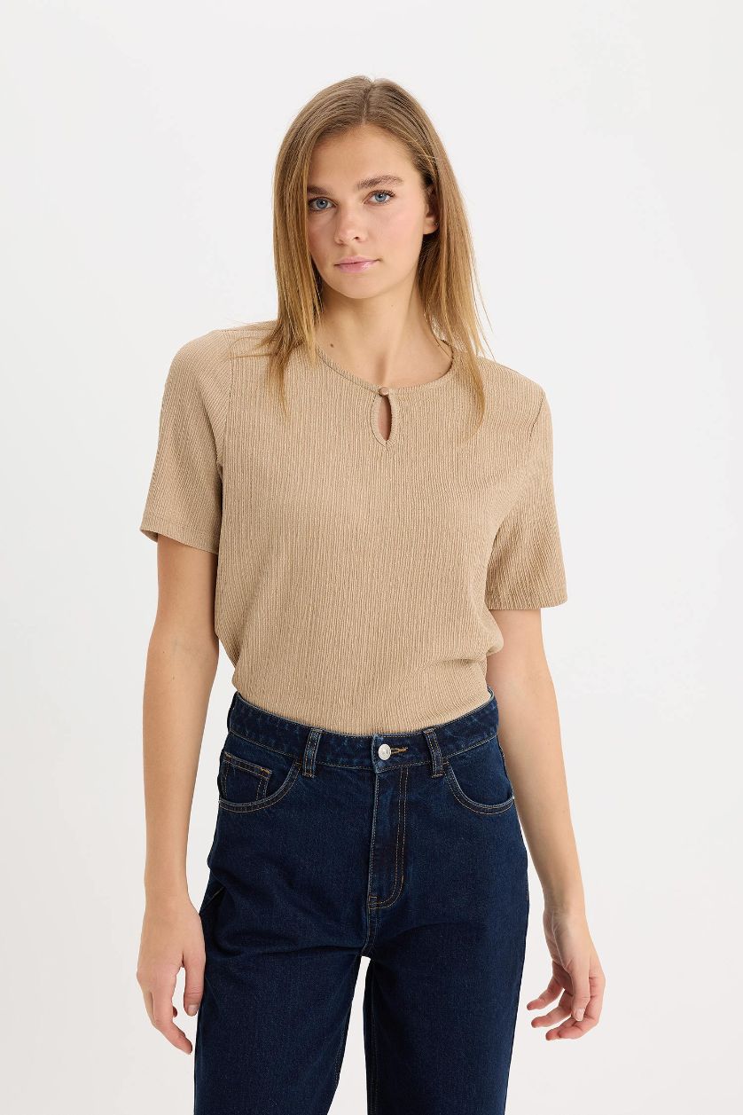 WOMAN Beige Regular Fit Round Neck Basic Crepe T-Shirt