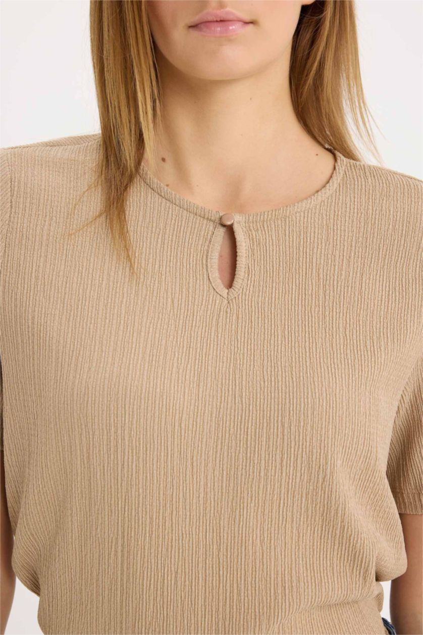WOMAN Beige Regular Fit Round Neck Basic Crepe T-Shirt