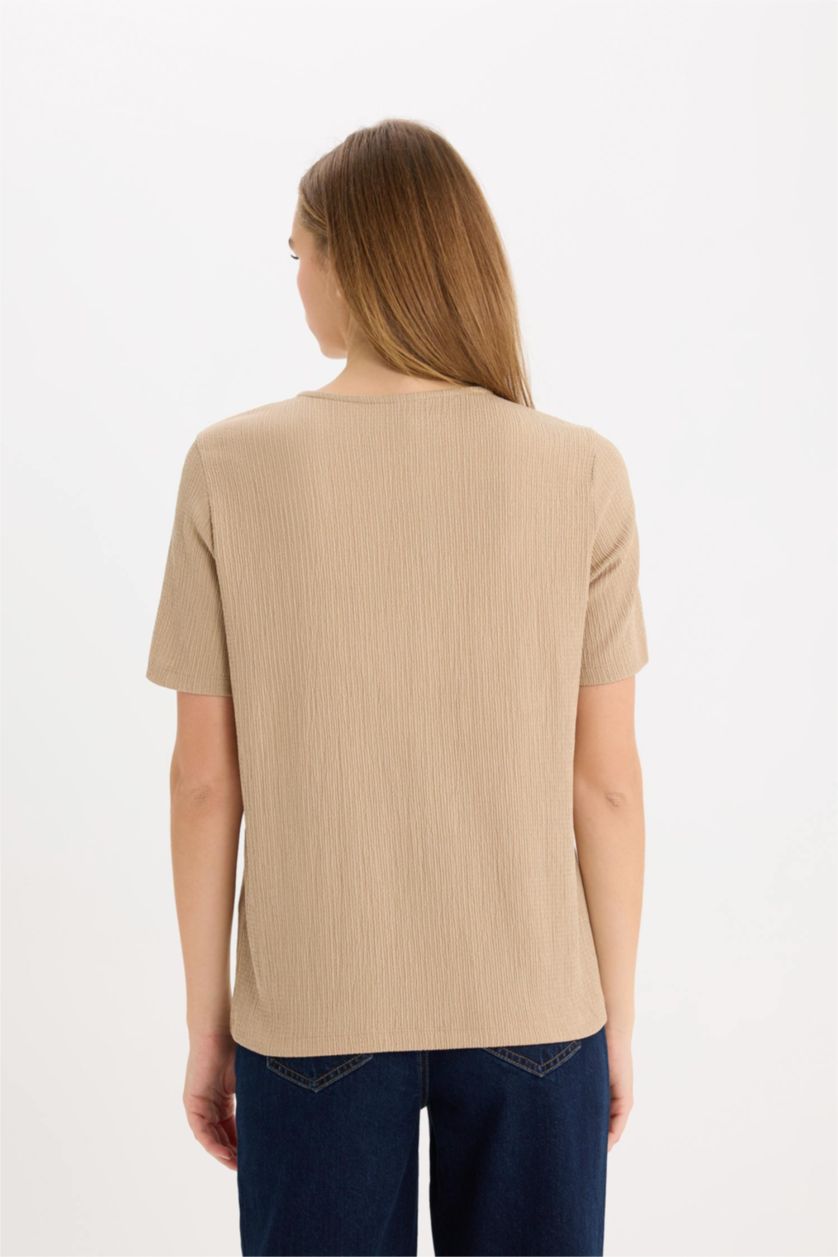 WOMAN Beige Regular Fit Round Neck Basic Crepe T-Shirt