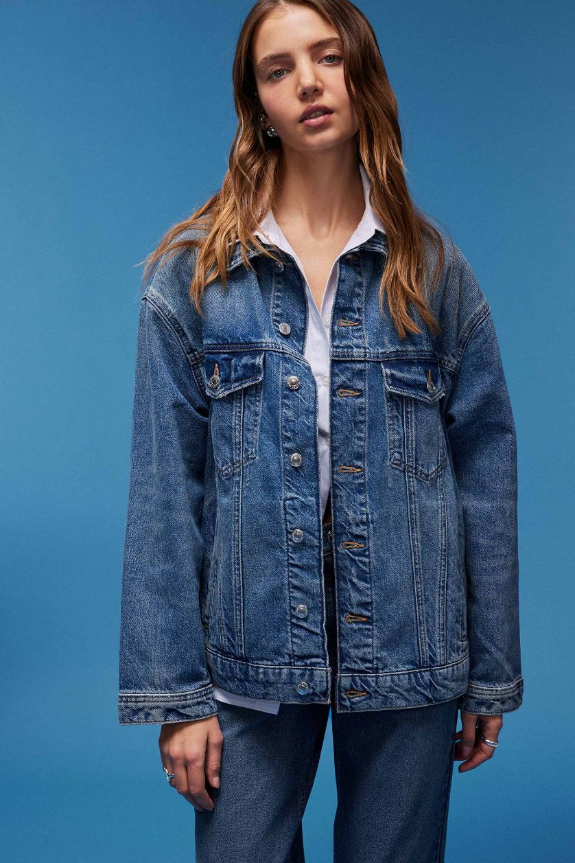 Kadın Mavi Oversize Geniş Kalıp Denim Ceket