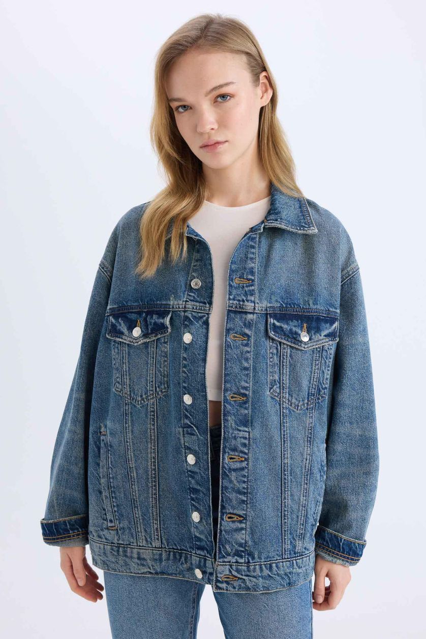 Kadın Mavi Oversize Geniş Kalıp Denim Ceket