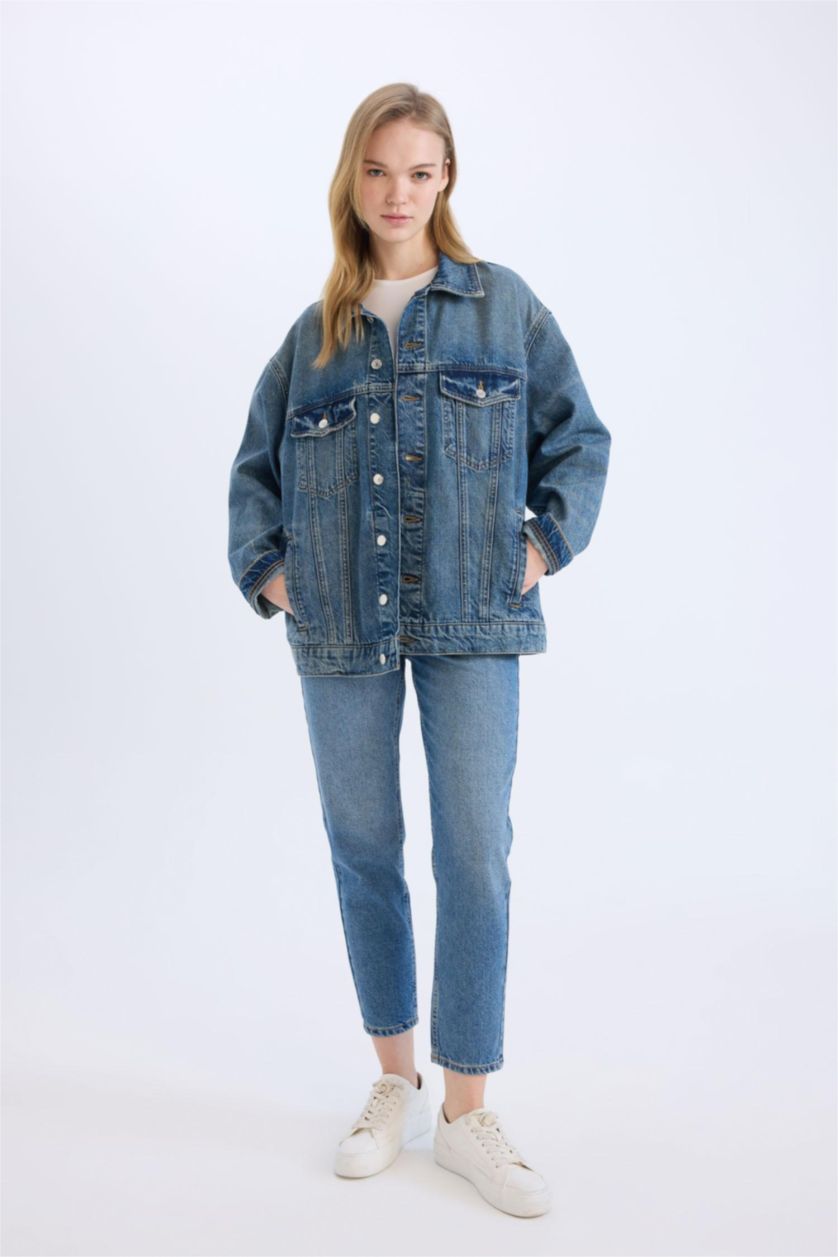 Kadın Mavi Oversize Geniş Kalıp Denim Ceket
