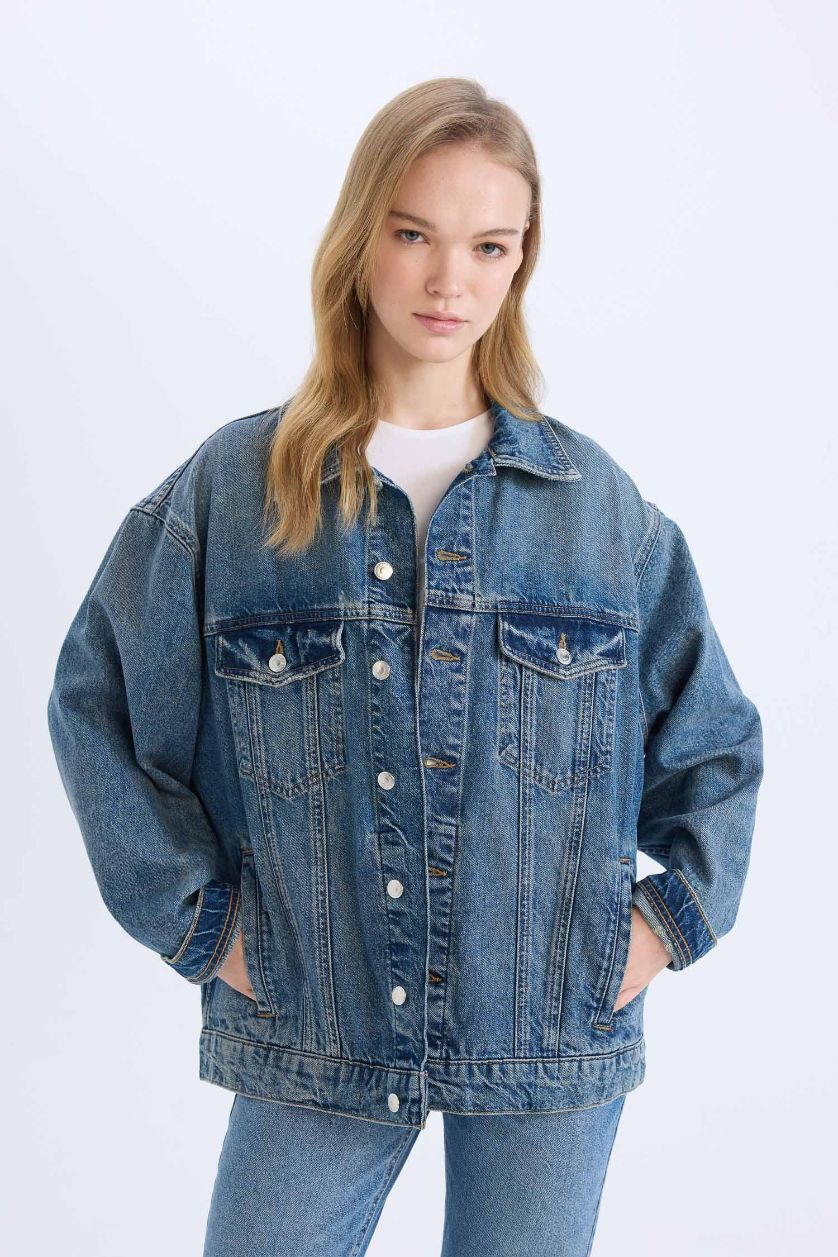 Kadın Mavi Oversize Geniş Kalıp Denim Ceket