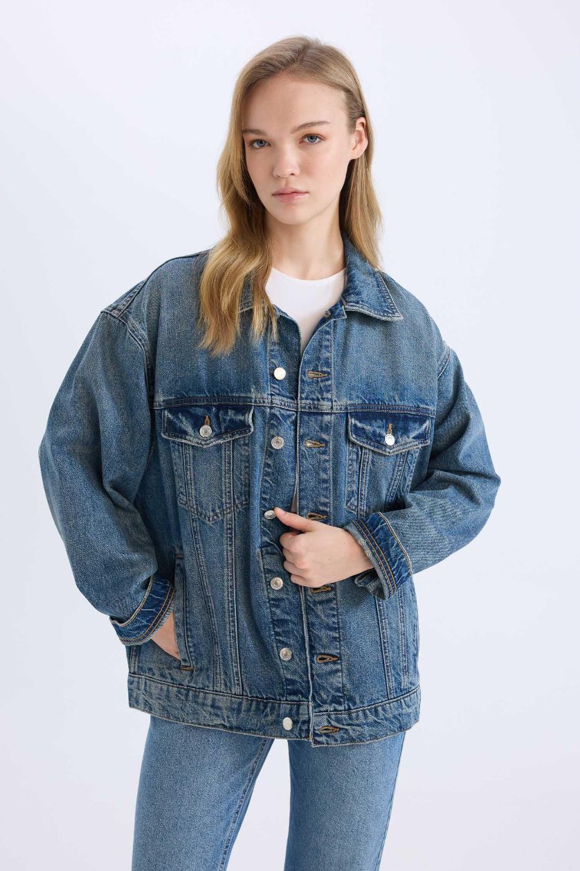 Kadın Mavi Oversize Geniş Kalıp Denim Ceket