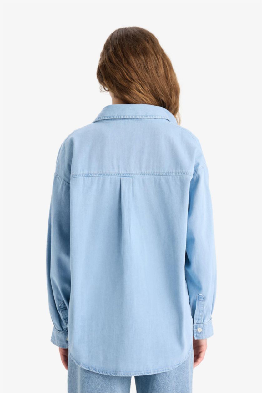 Женщины Светло-синий Джинсовая рубашка oversize с одним карманом