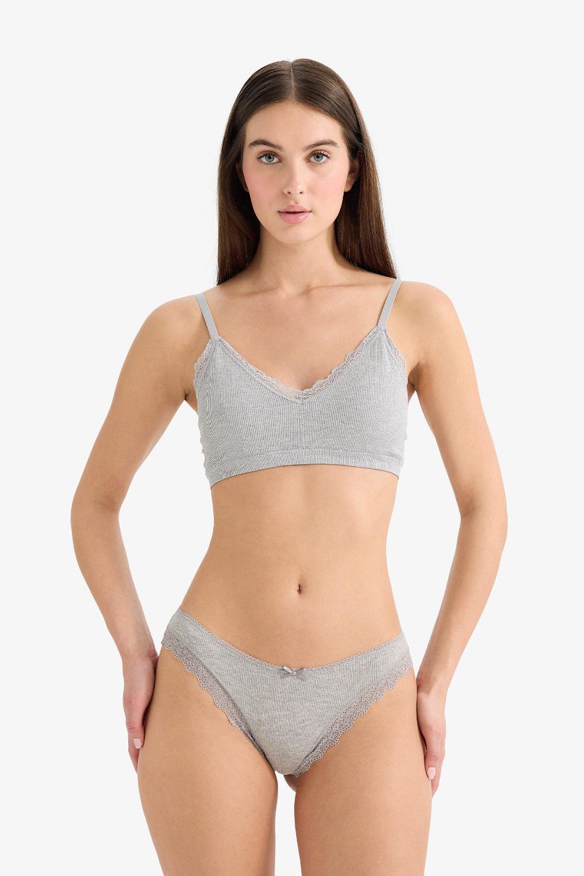 WOMAN Anthracite Melange Lace Detail Ribbed 3 Piece Brazilian Panties