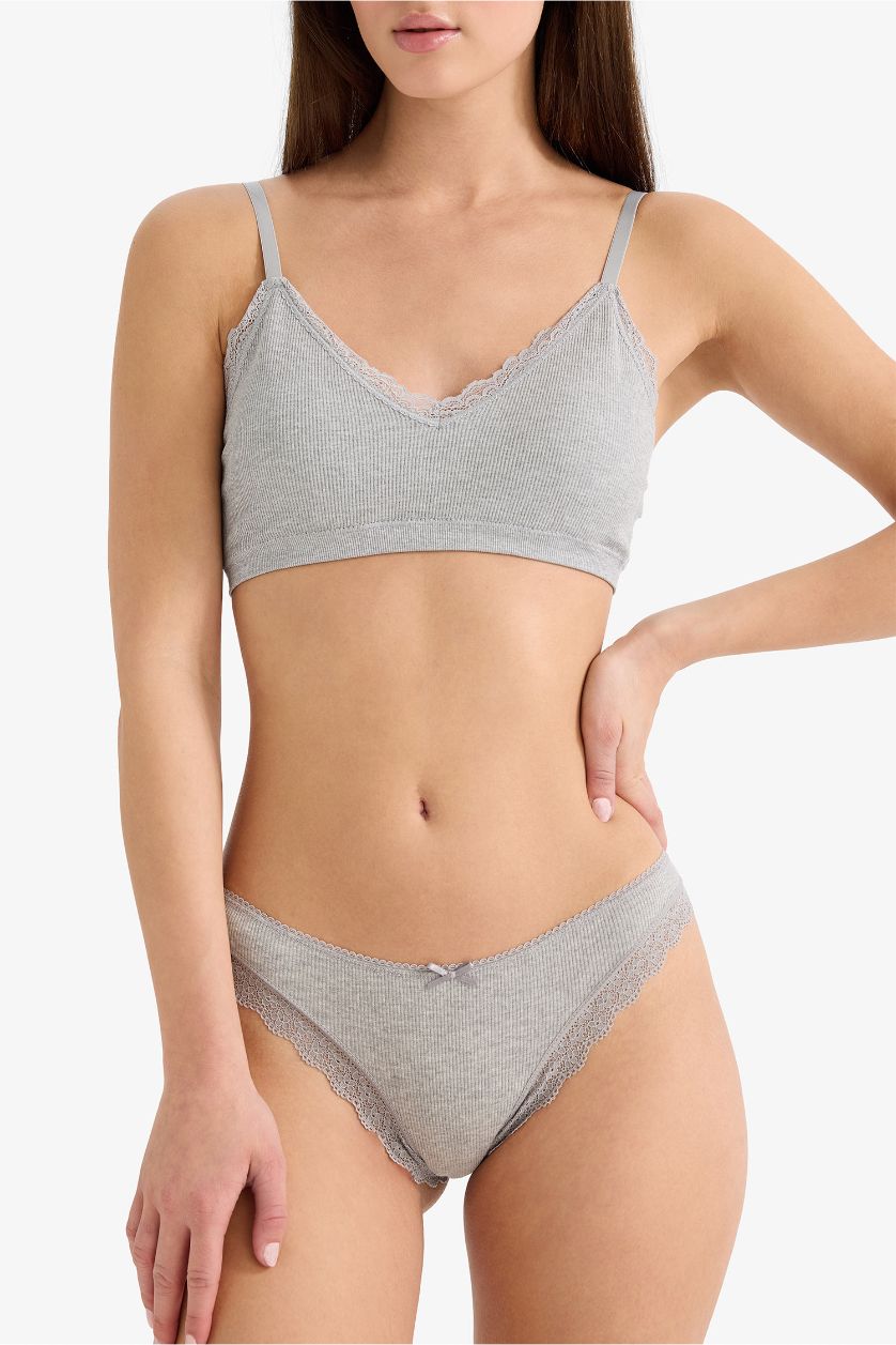 WOMAN Anthracite Melange Lace Detail Ribbed 3 Piece Brazilian Panties