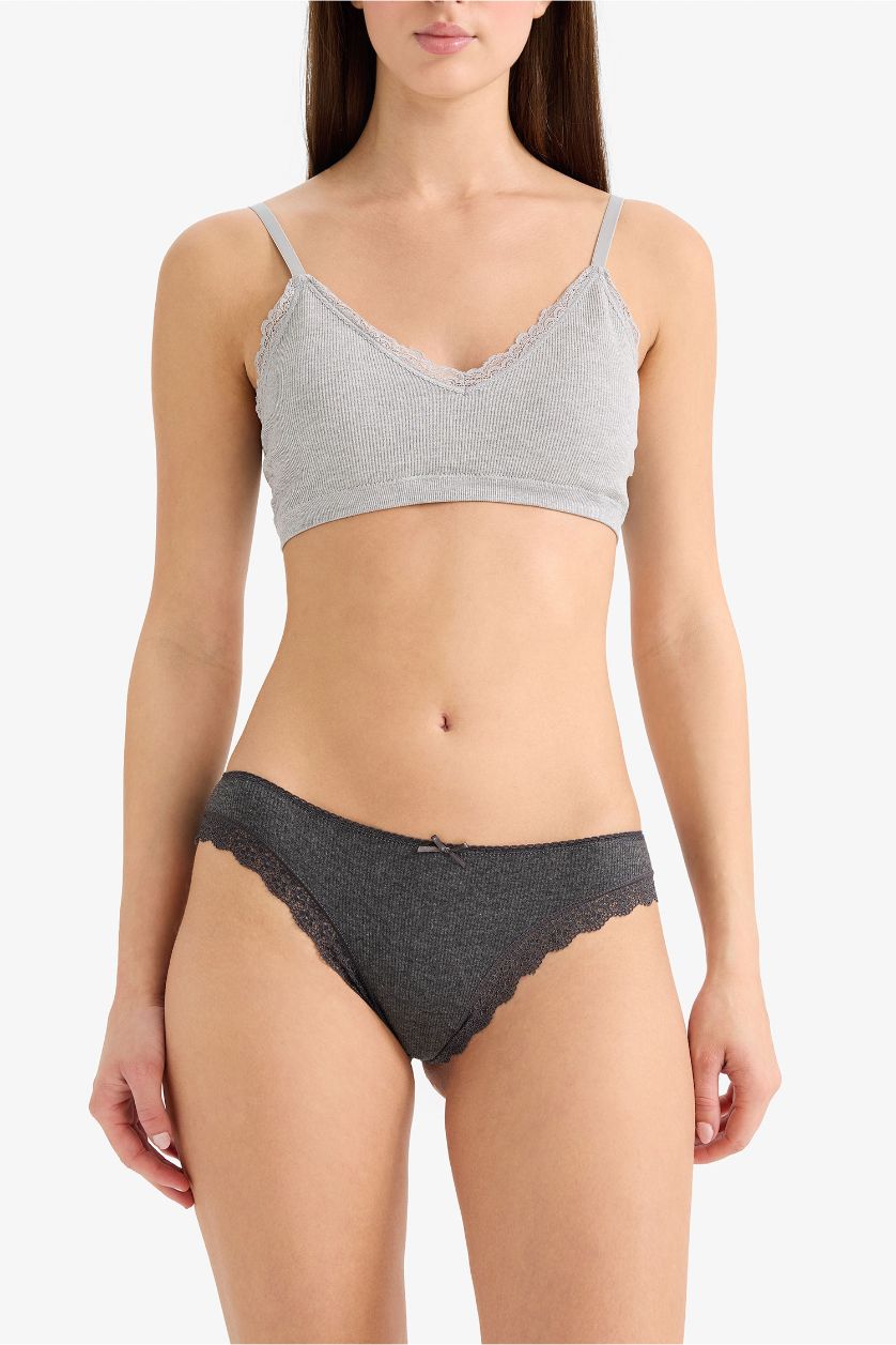 WOMAN Anthracite Melange Lace Detail Ribbed 3 Piece Brazilian Panties