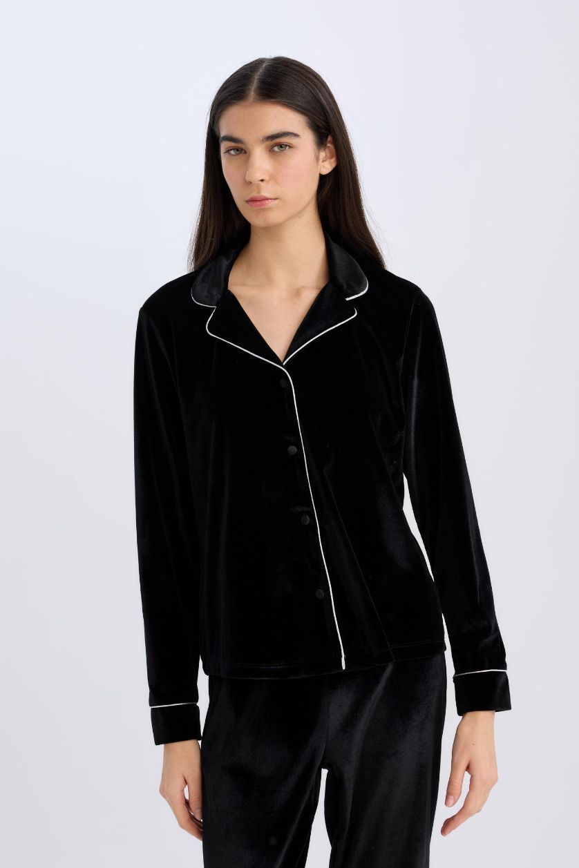 FEMME Noir Ensemble Pyjama Top à manches longues et pantalon long avec taille élastique