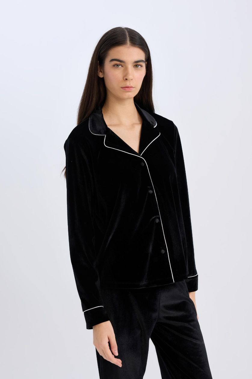 FEMME Noir Ensemble Pyjama Top à manches longues et pantalon long avec taille élastique