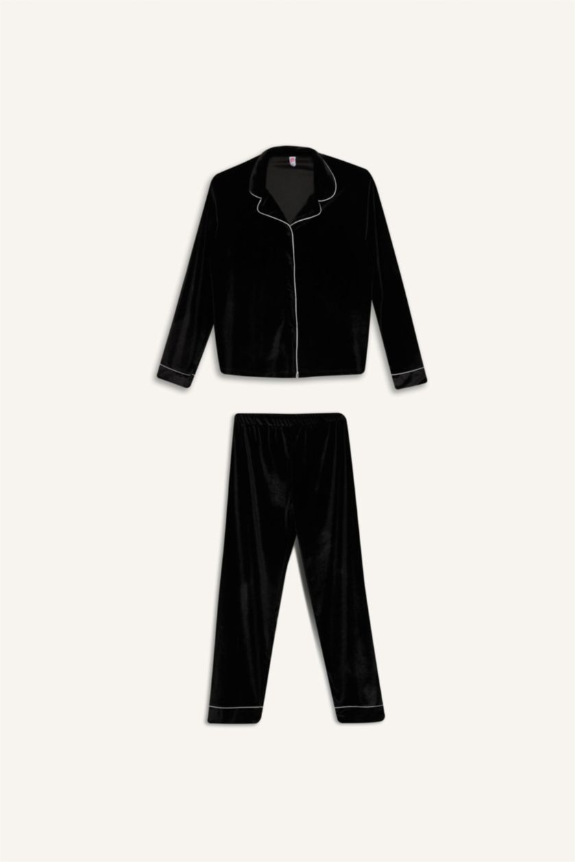 FEMME Noir Ensemble Pyjama Top à manches longues et pantalon long avec taille élastique