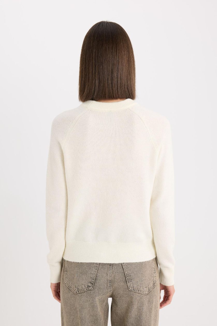 FEMME Écru Pull en tricot doux à col rond et manches longues Coupe régulière