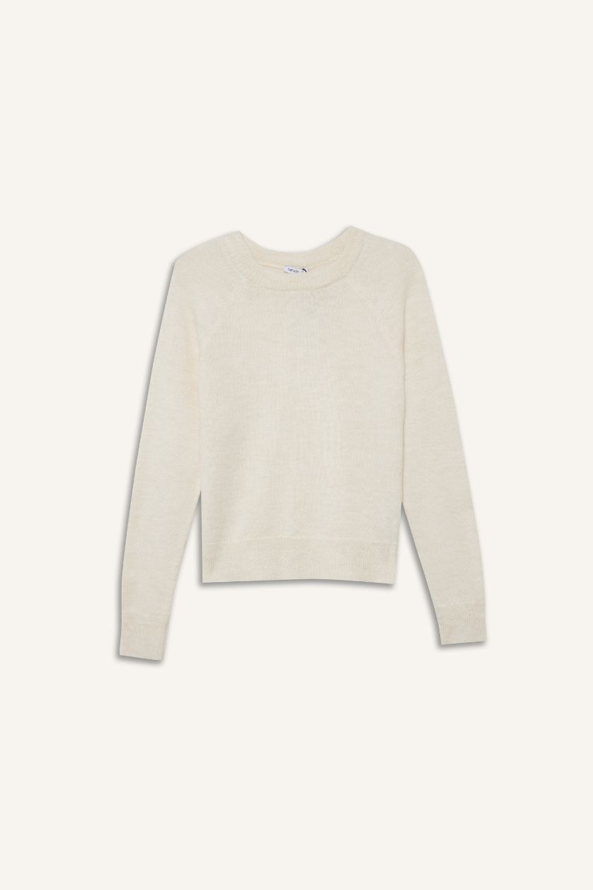 Kadın Ekru Regular Fit Bisiklet Yaka Basic Düz Soft Touch Yumuşak Triko Kazak