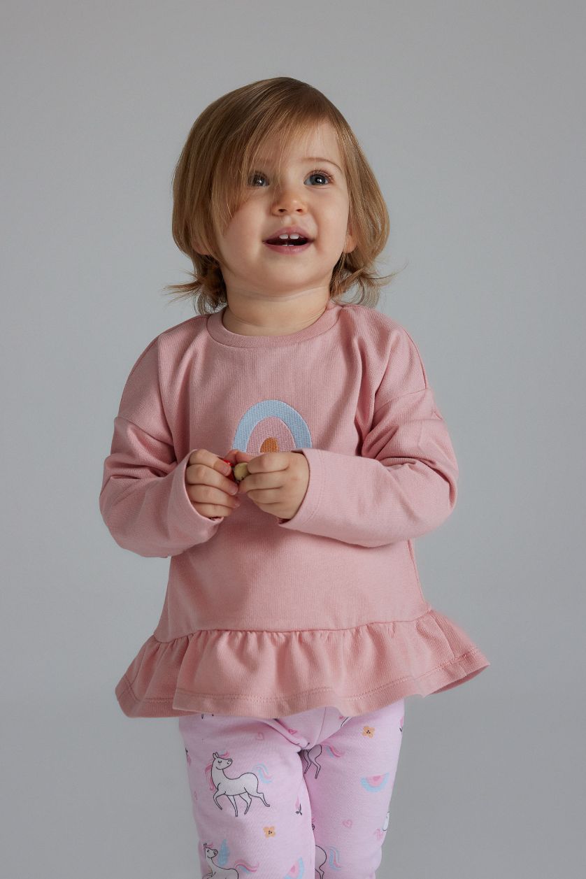 Kız Bebek Gülkurusu 2'li Takım Sweatshirt Unicorn Baskılı Beli Lastikli Alt Kız Bebek