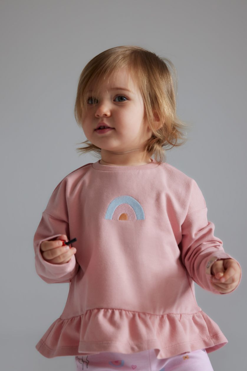 Kız Bebek Gülkurusu 2'li Takım Sweatshirt Unicorn Baskılı Beli Lastikli Alt Kız Bebek