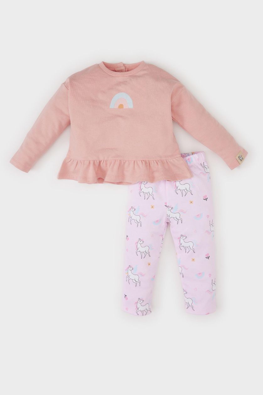 Kız Bebek Gülkurusu 2'li Takım Sweatshirt Unicorn Baskılı Beli Lastikli Alt Kız Bebek