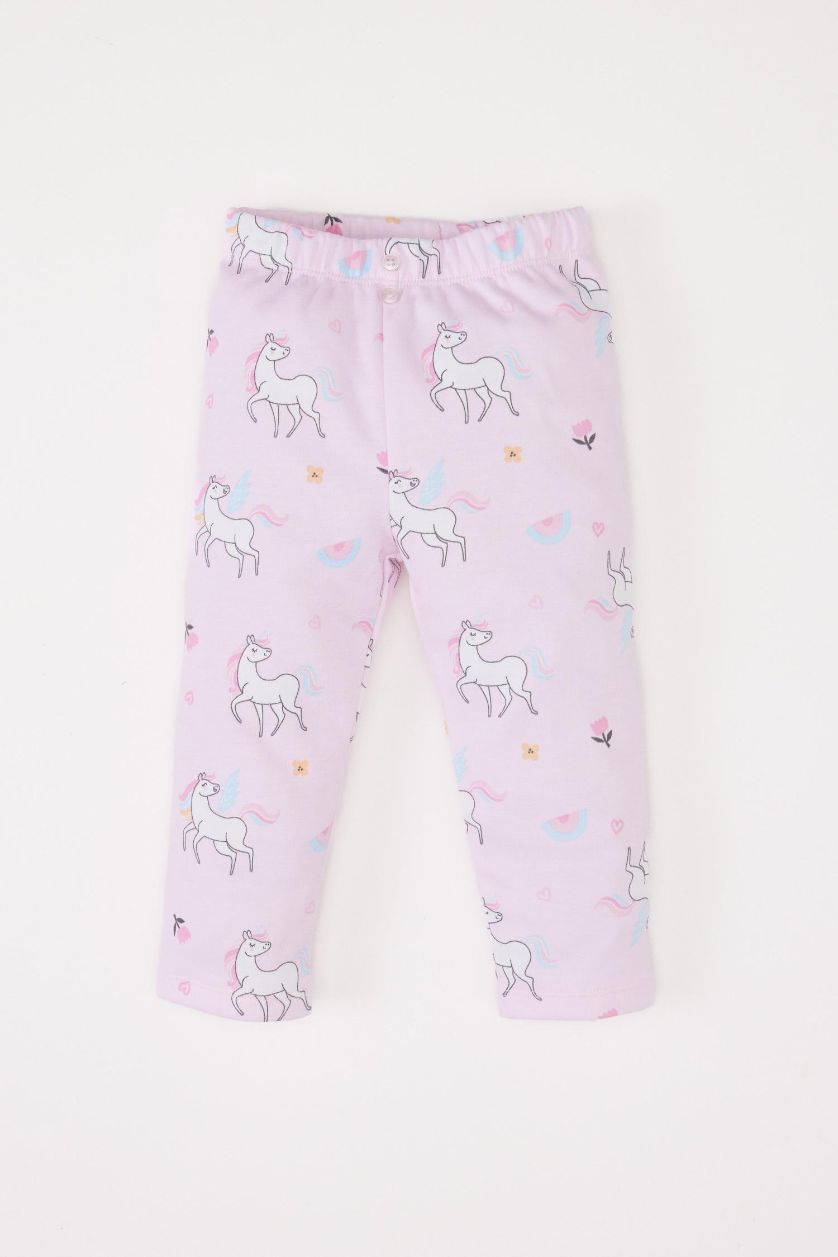 Kız Bebek Gülkurusu 2'li Takım Sweatshirt Unicorn Baskılı Beli Lastikli Alt Kız Bebek