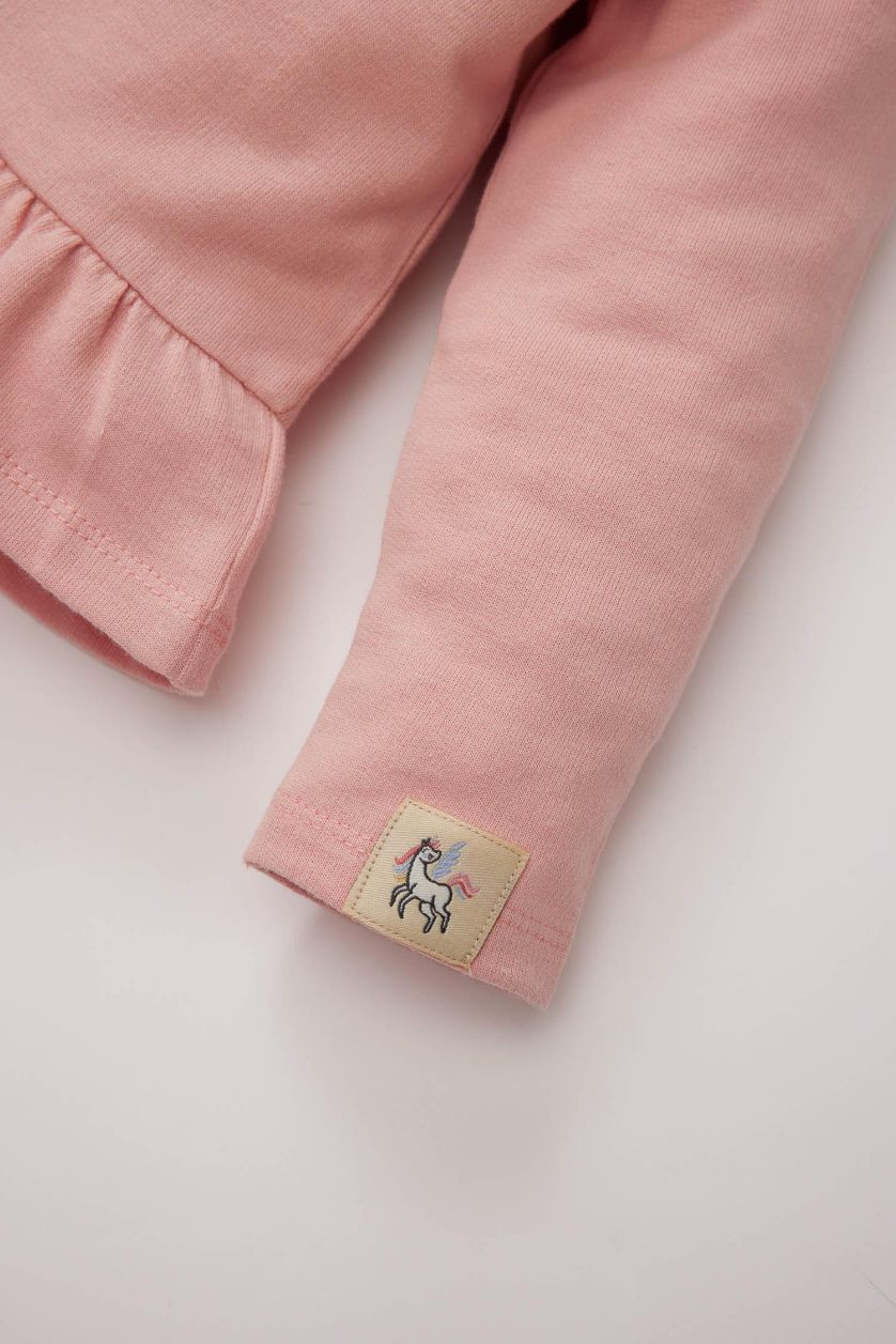 Kız Bebek Gülkurusu 2'li Takım Sweatshirt Unicorn Baskılı Beli Lastikli Alt Kız Bebek