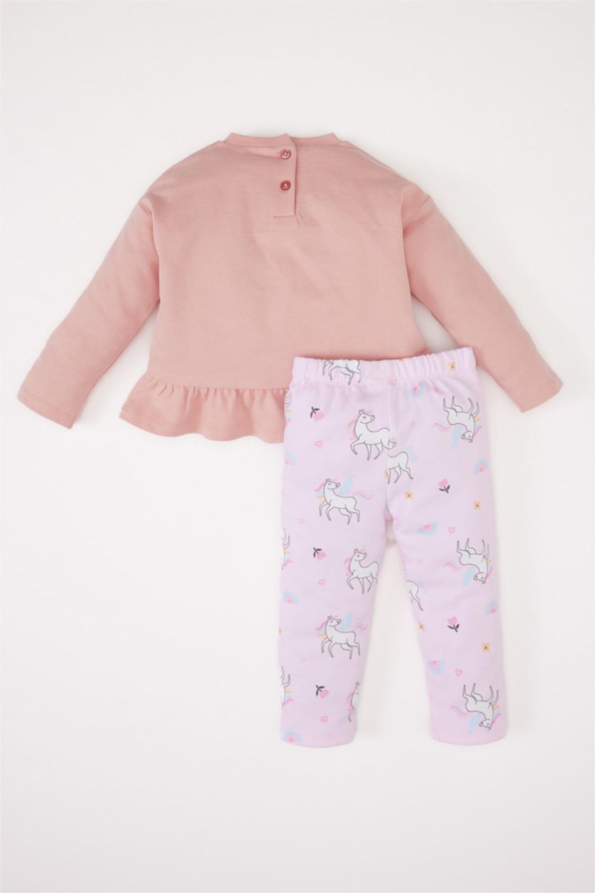 Kız Bebek Gülkurusu 2'li Takım Sweatshirt Unicorn Baskılı Beli Lastikli Alt Kız Bebek
