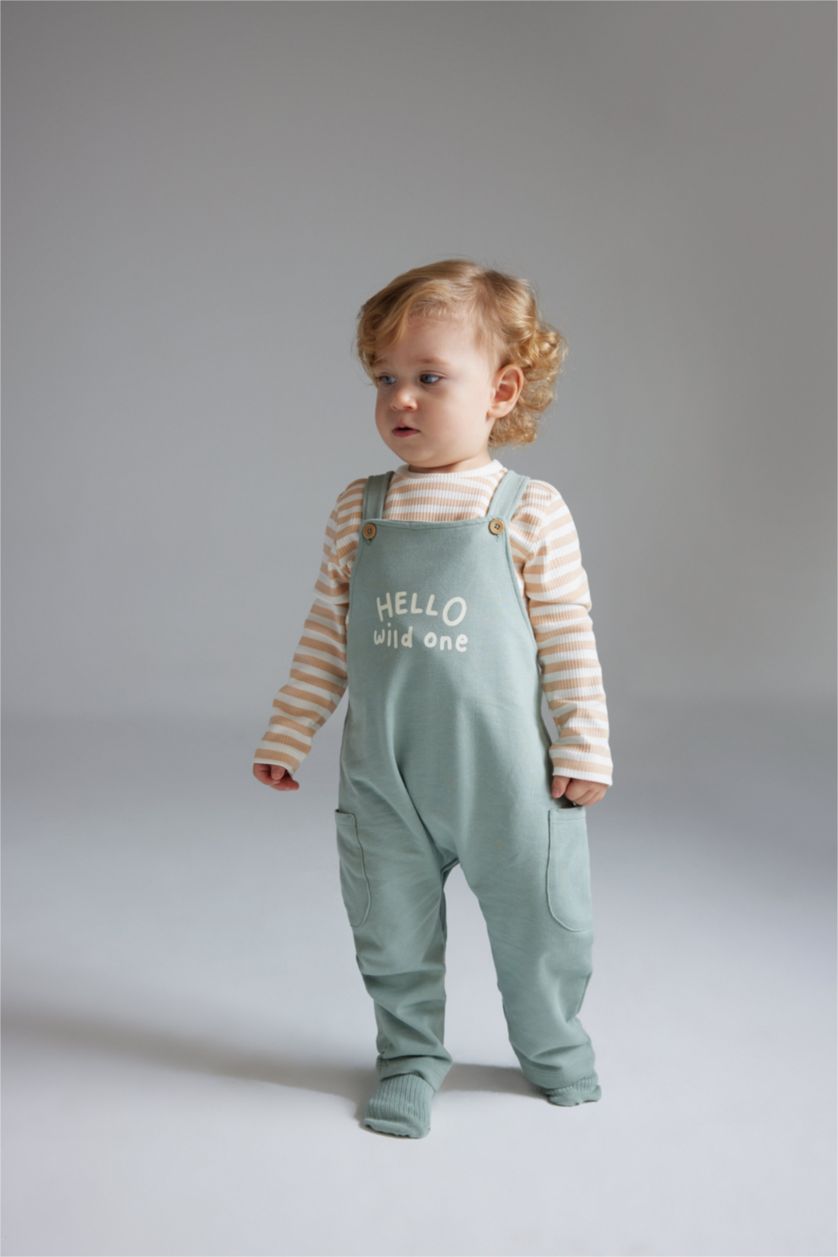 Erkek Bebek Açık Haki Erkek Bebek 2'li Takım Çizgili Uzun Kollu Tişört Baskılı Salopet Tulum