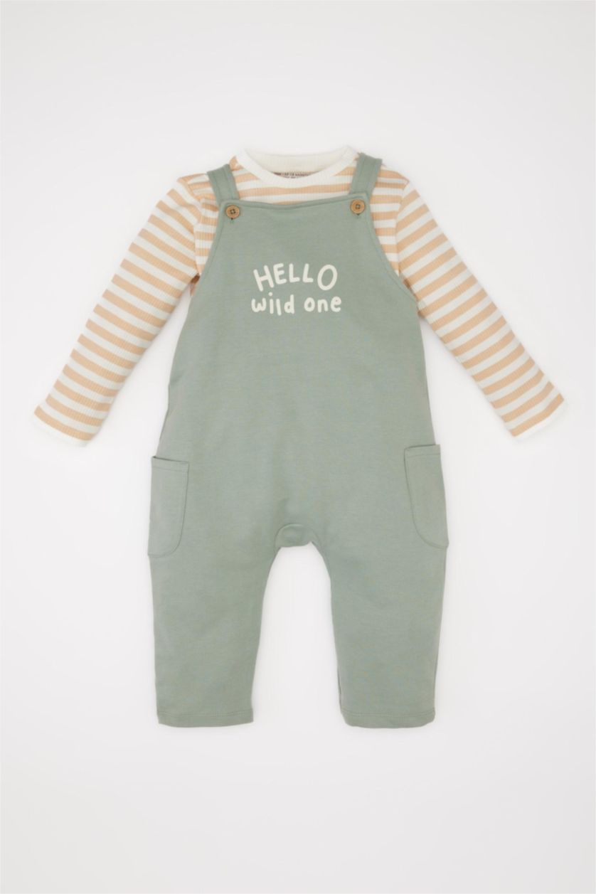 Erkek Bebek Açık Haki Erkek Bebek 2'li Takım Çizgili Uzun Kollu Tişört Baskılı Salopet Tulum