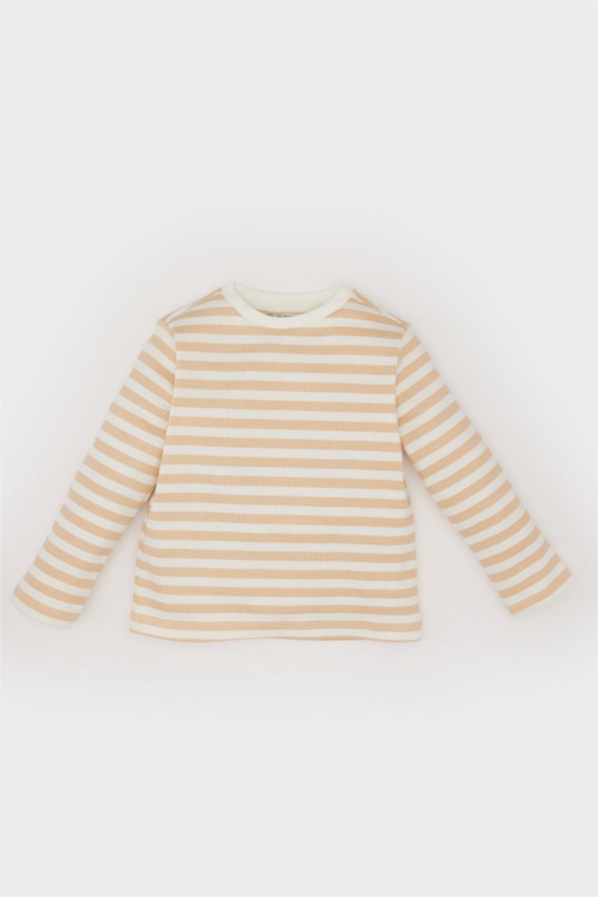 Erkek Bebek Açık Haki Erkek Bebek 2'li Takım Çizgili Uzun Kollu Tişört Baskılı Salopet Tulum