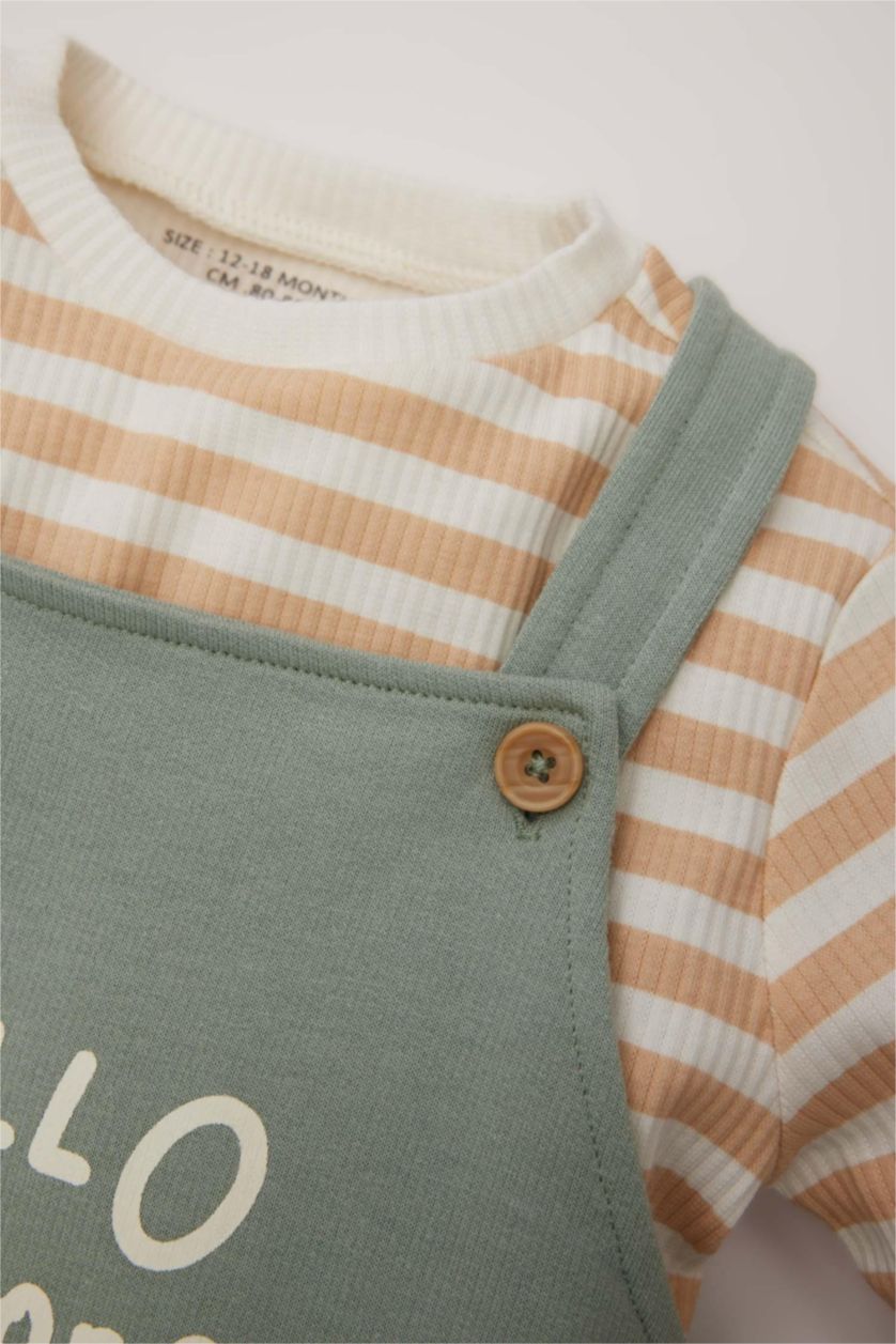 Erkek Bebek Açık Haki Erkek Bebek 2'li Takım Çizgili Uzun Kollu Tişört Baskılı Salopet Tulum