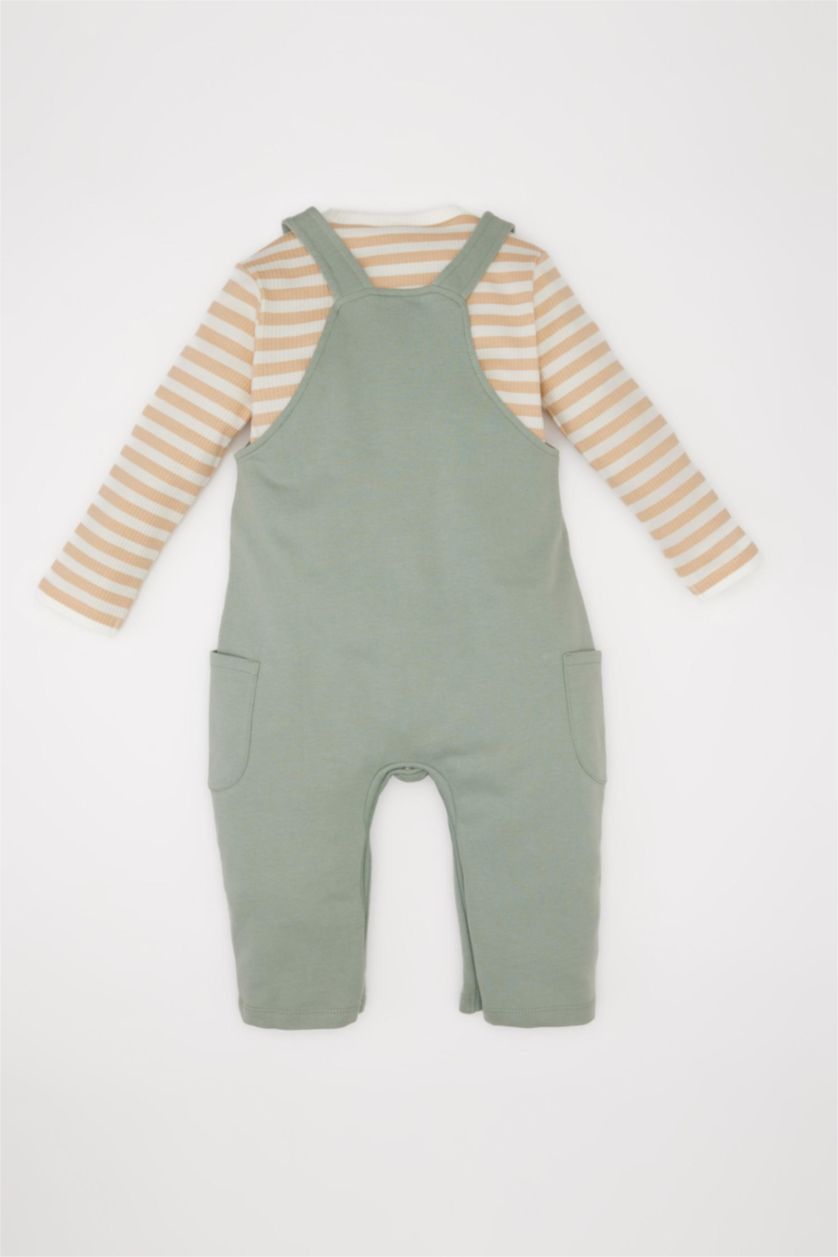 Erkek Bebek Açık Haki Erkek Bebek 2'li Takım Çizgili Uzun Kollu Tişört Baskılı Salopet Tulum