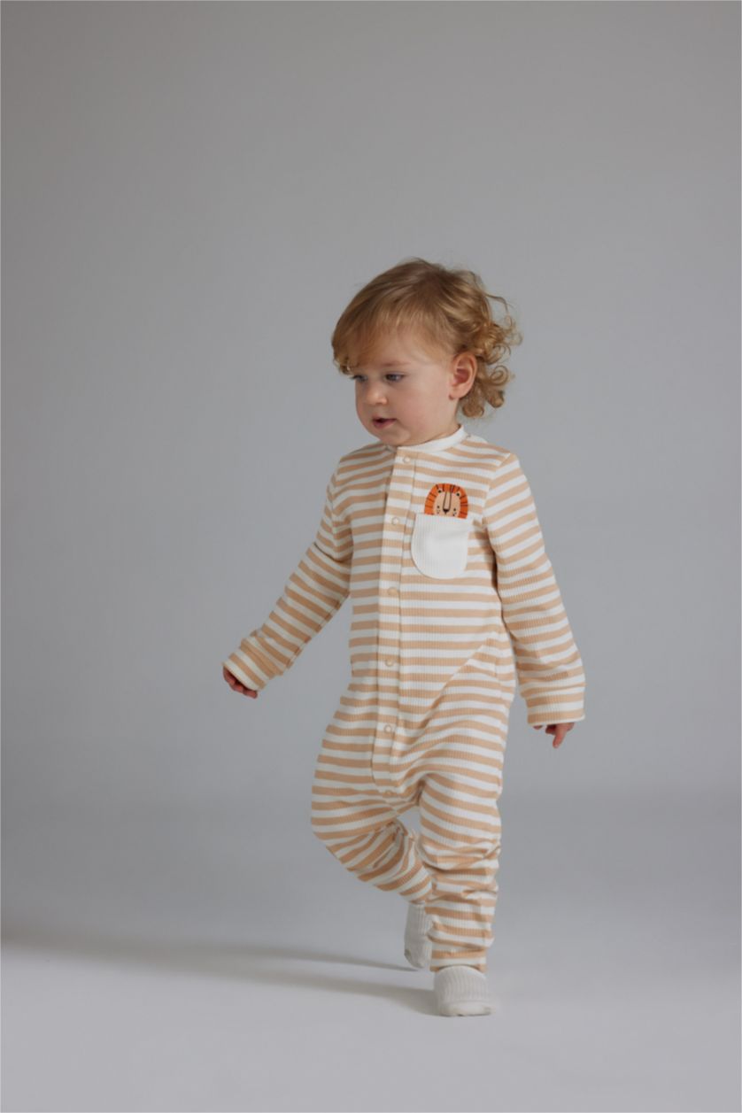 Erkek Bebek Bej Çizgili Fitilli Kaşkorse Uzun Kollu Tulum Erkek Bebek Yenidoğan